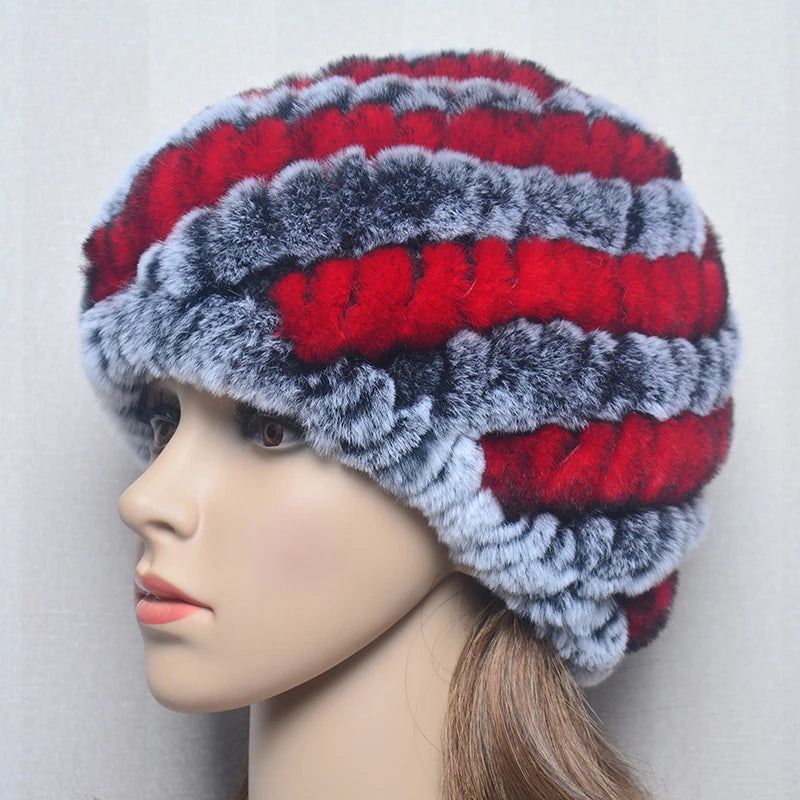 Warm authentic Rex rabbit fur hat for women in gray and red, featuring soft plush texture and stylish design.