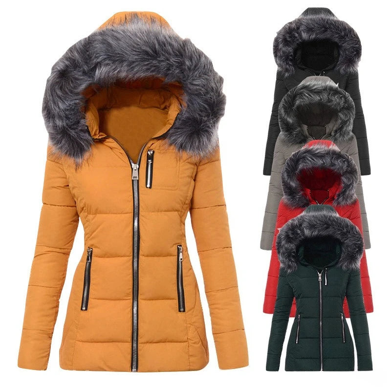 Gray women's parka jacket by Corporación Turística, cotton winter coat with hood and warm lining.