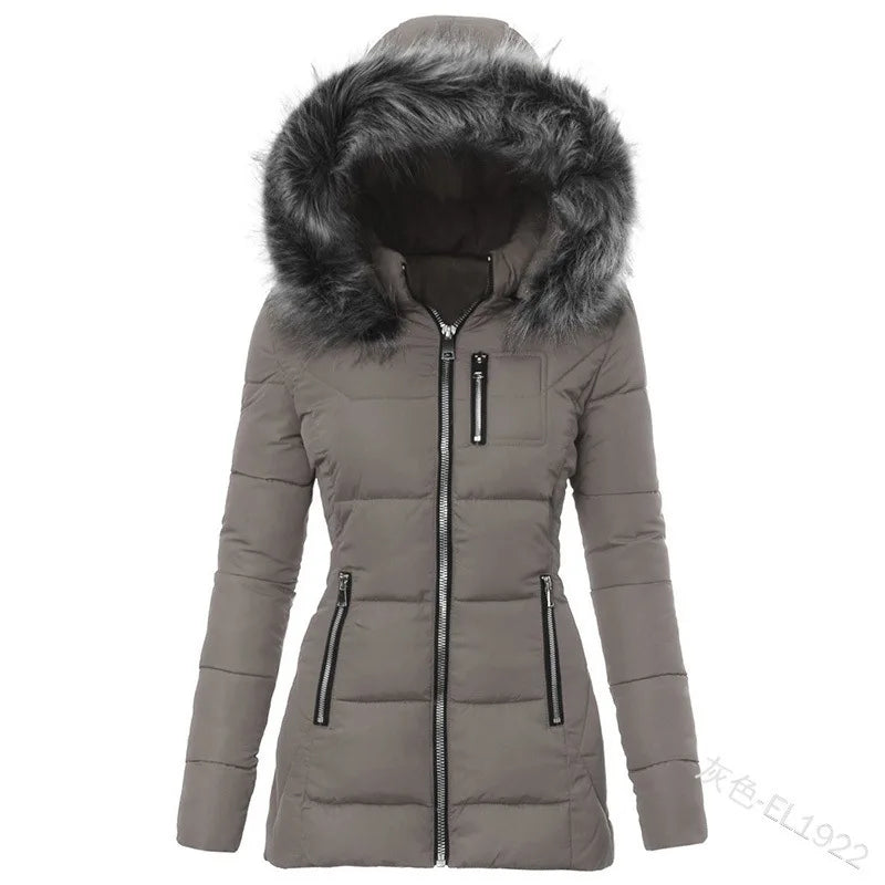 Gray women's cotton parka jacket, winter coat from Corporación Turística, showing front view with hood and zipper details.