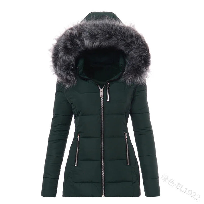 Gray women's cotton parka jacket, warm winter coat with hood and zipper, designed for cold weather comfort.
