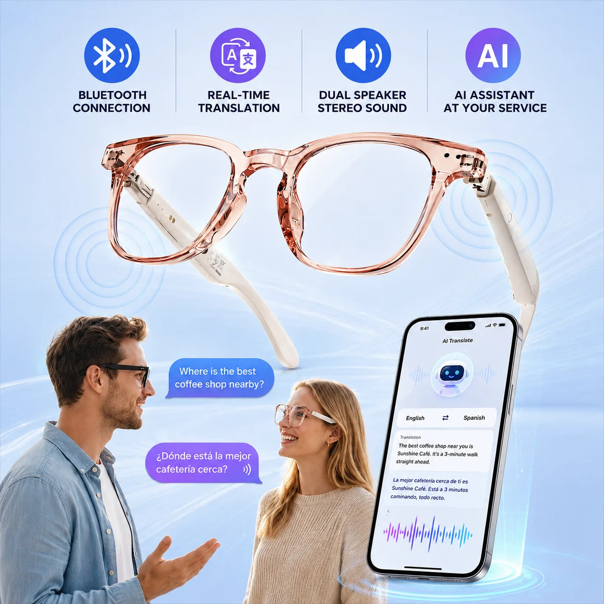 Pink Gafas Inteligentes de Traducción Bluetooth GT52 by Corporación Turística, with sleek smart translation glasses and stylish design.