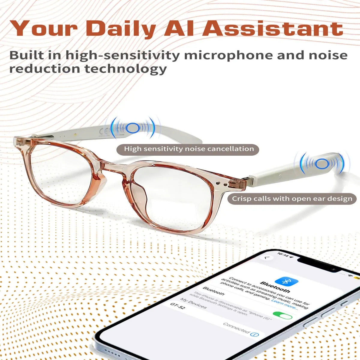 Pink GT52 Bluetooth translation smart glasses by Corporación Turística, featuring sleek design and integrated language translation lenses.