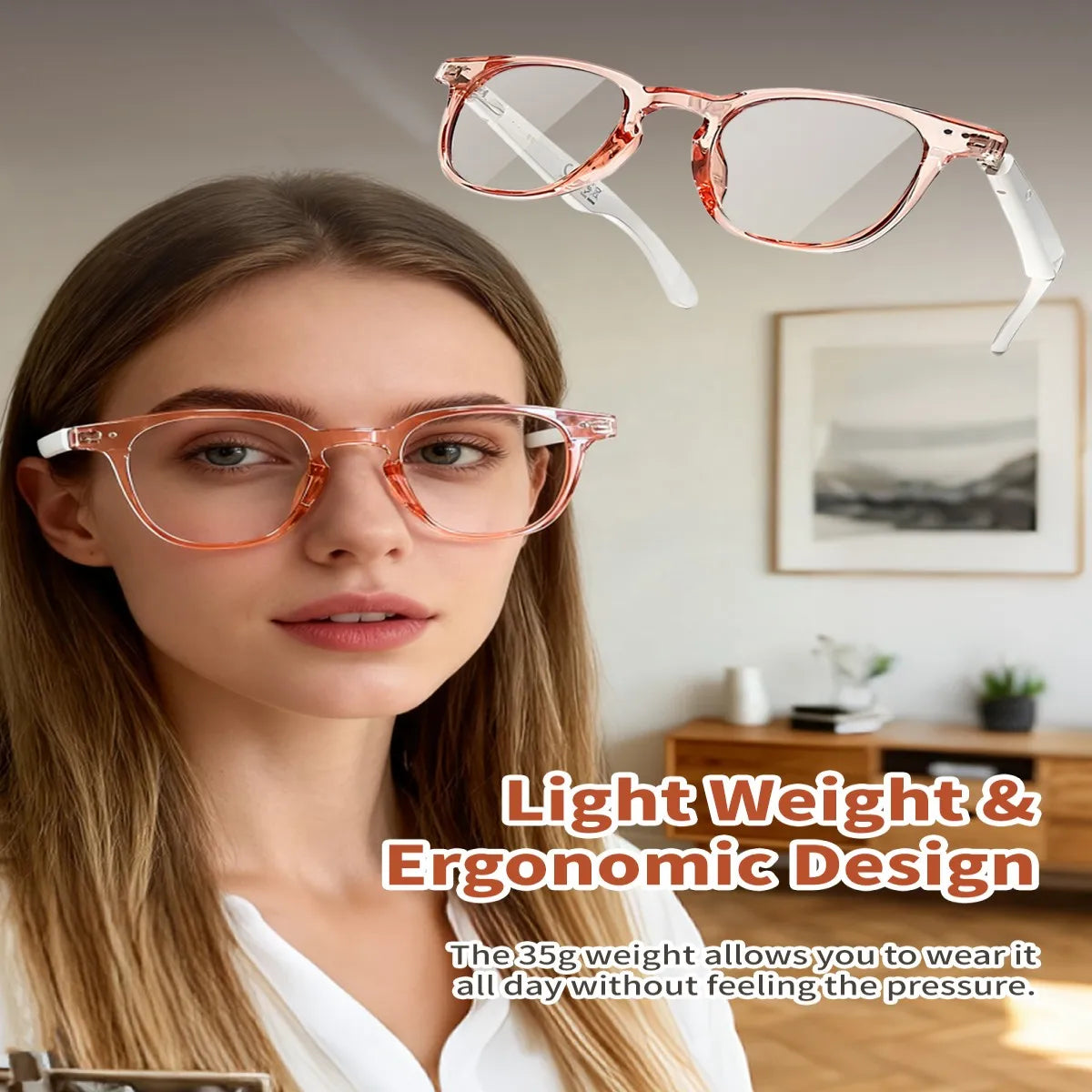 Pink Bluetooth translation smart glasses GT52 by Corporación Turística with sleek lenses and modern design.