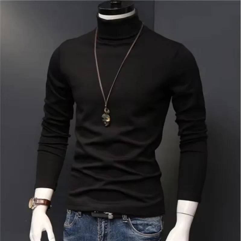 Male thermal turtleneck sweater in black, casual long-sleeve jumper with fitted, stretchy design for autumn and winter wear.