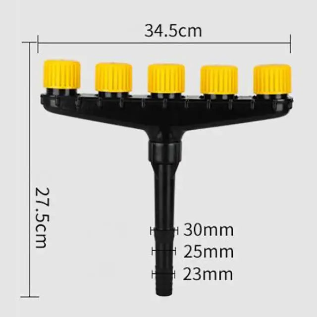 Adjustable spray nozzle for garden and farm irrigation from Corporación Turística, featuring three atomizer heads for even watering.