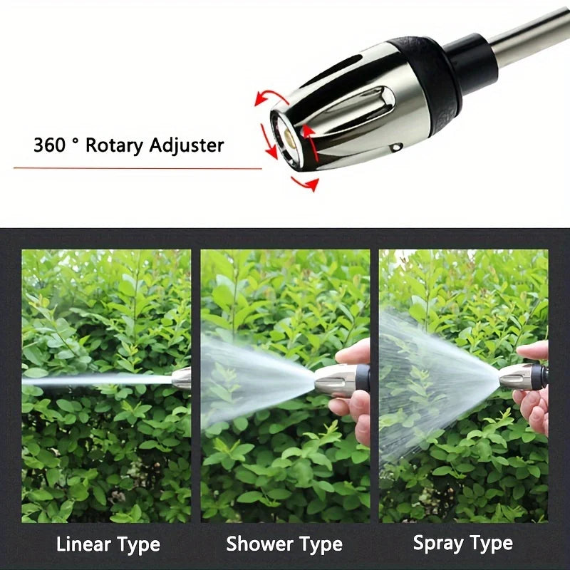 High-pressure water gun from Corporación Turística for car and garden cleaning, shown in a close-up image of the spray nozzle.