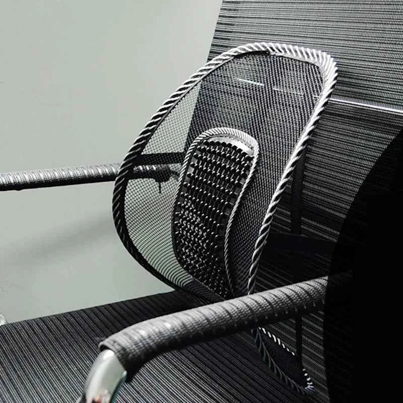 Lumbar cushion for car with breathable mesh cover, designed for back support and pain relief, by Corporación Turística.