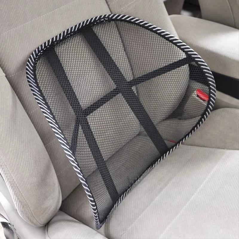 Lumbar car cushion with breathable mesh fabric and supportive design for back relief, ideal for home and travel comfort.