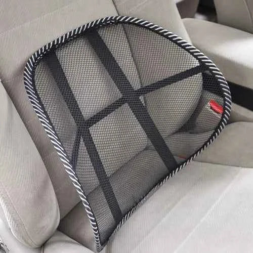 Lumbar cushion for car with breathable mesh cover, providing back support and relief, made by Corporación Turística.