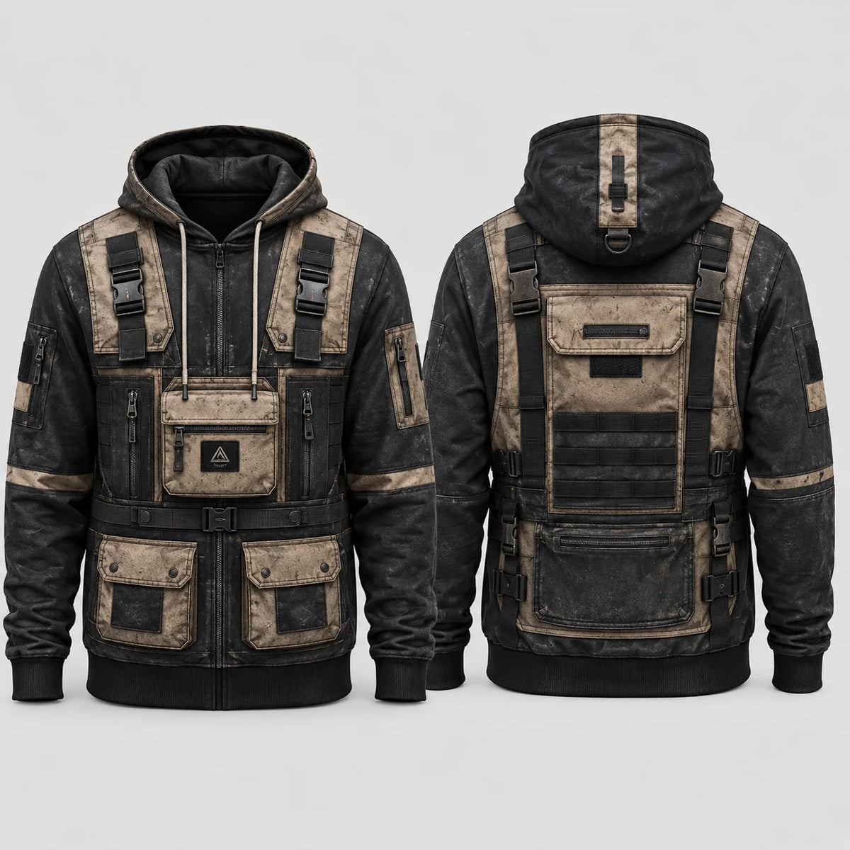 Men's 3D printed tactical hoodie jacket with hood and camouflage pattern, designed for outdoor and tactical use.