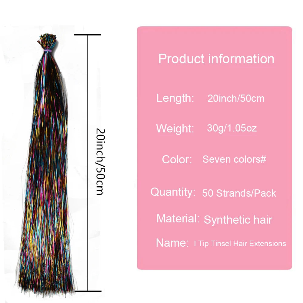 Pack of 50 I Tip hair extensions by Corporación Turística with shimmering gold oropel finish, 20 inches long.