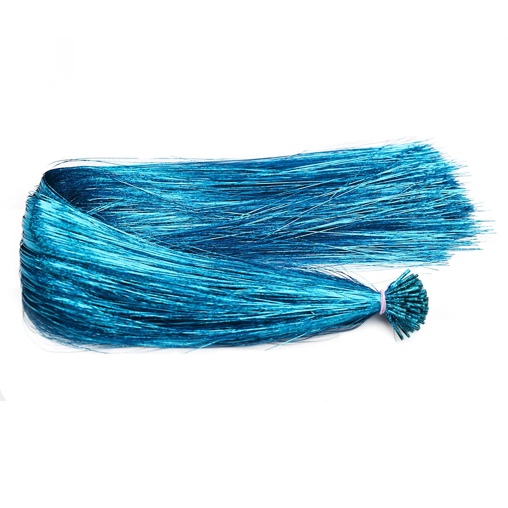 Pack of 50 shiny I Tip hair extensions by Corporación Turística, 20 inches long, featuring glittery, metallic hair strands.