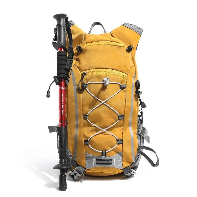 Lightweight hiking backpack with reflective straps from Corporación Turística, shown with adjustable shoulder straps and gear compartments.