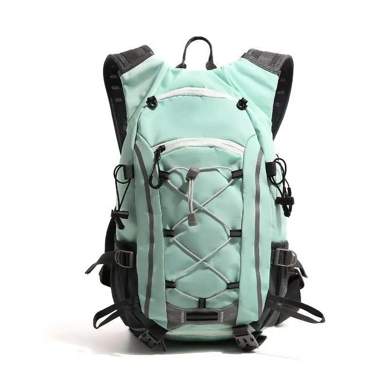 Lightweight hiking backpack with reflective straps by Corporación Turística, shown with adjustable shoulder straps and multiple compartments.