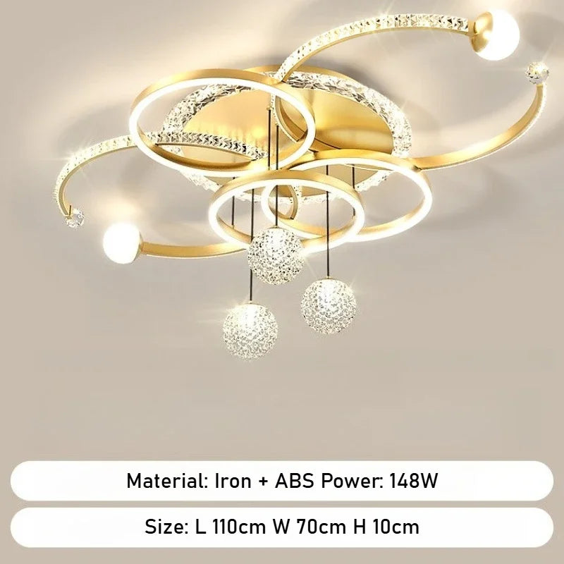 Modern LED ceiling lamp by Corporación Turística with gold finish, remote control, adjustable brightness, elegant and luxurious lighting.