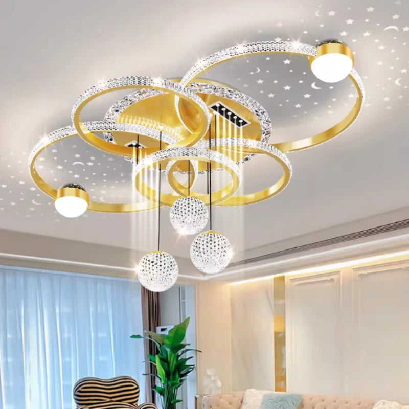 Modern gold LED ceiling lamp by Corporación Turística with remote, adjustable brightness, elegant design, ideal for contemporary lighting.