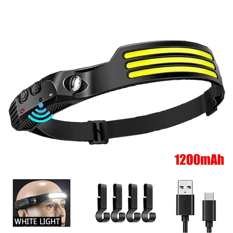 Corporación Turística LED COB rechargeable headlamp with 450 lumens brightness and 1200mAh USB battery, ideal for outdoor illumination.