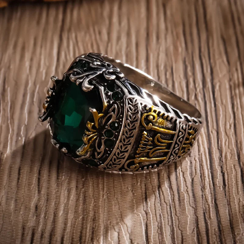 Silver men's luxury ring with a green stone, retro design, perfect for parties, from Corporación Turística jewelry collection.