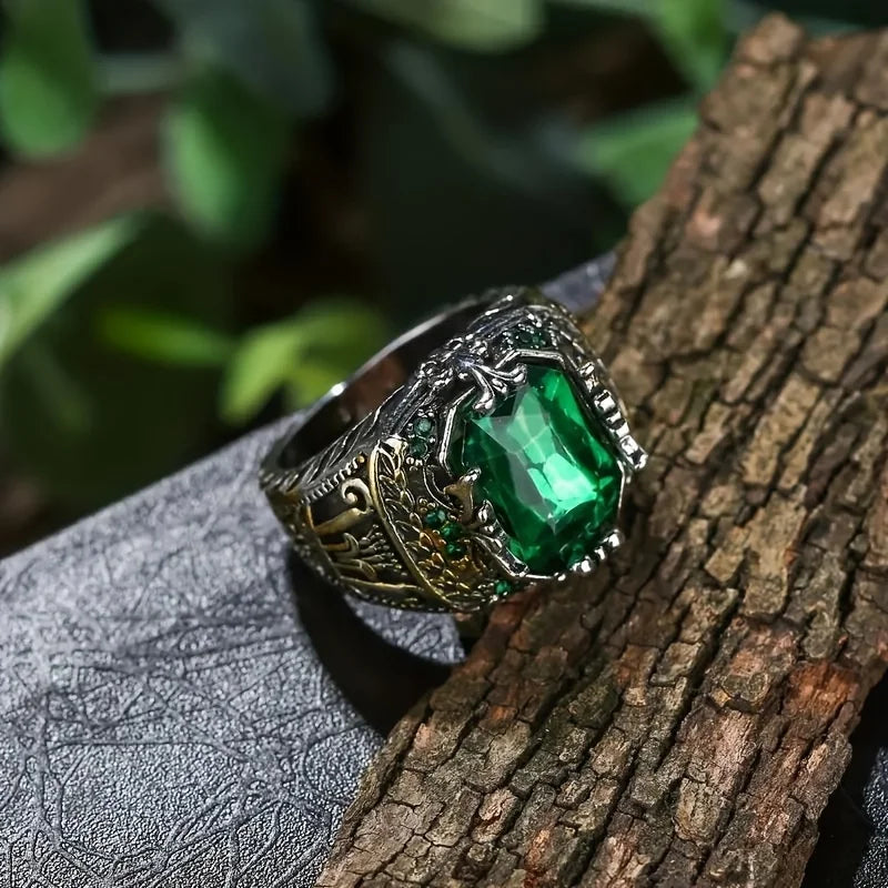 Silver men's luxury ring with a prominent green stone, vintage retro design, suitable for parties and stylish occasions.