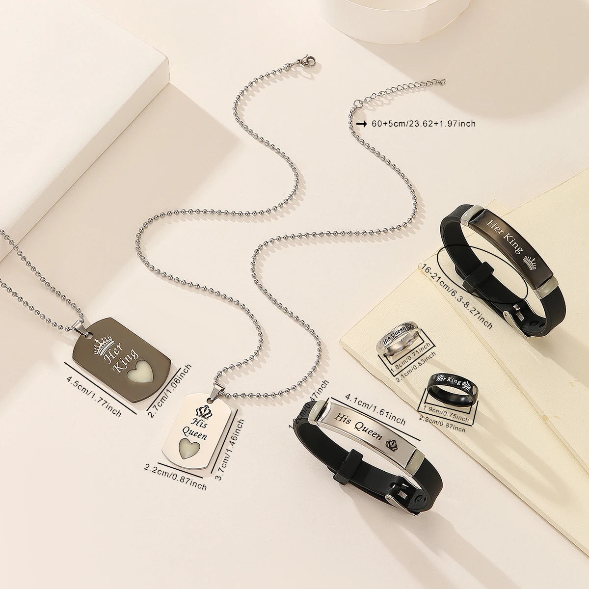 Conjunto de joyería con 6 piezas de corazón y corona luminoso, incluye collar y pulsera, ideal para parejas y aniversarios.