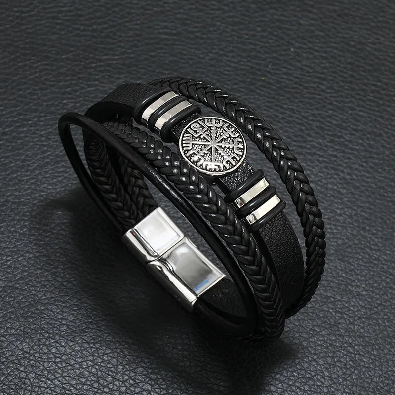Black men's leather bracelet with multi-layer braids, compass, and evil eye charms, 21cm length, stylish jewelry accessory.