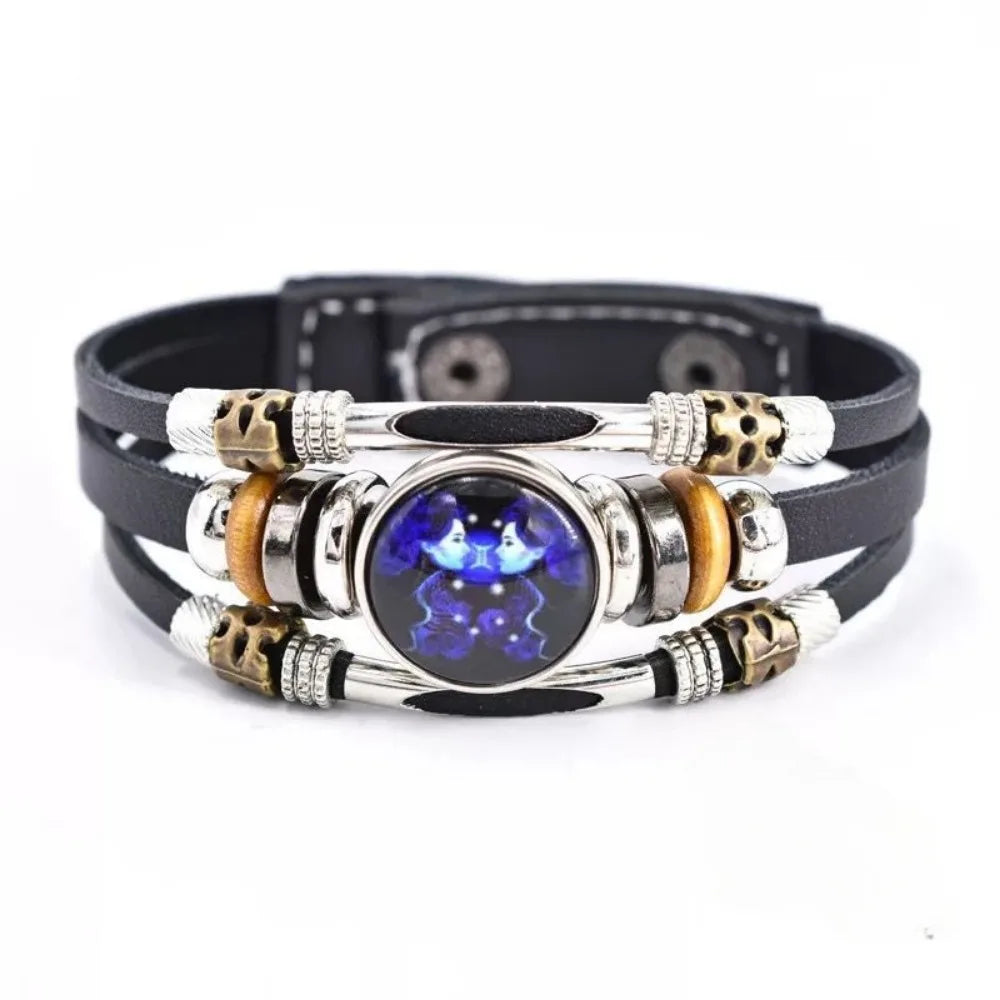 Unisex leather constellation bracelet featuring Sagittarius, multi-layer retro design with 12 zodiac signs, ideal as a gift.
