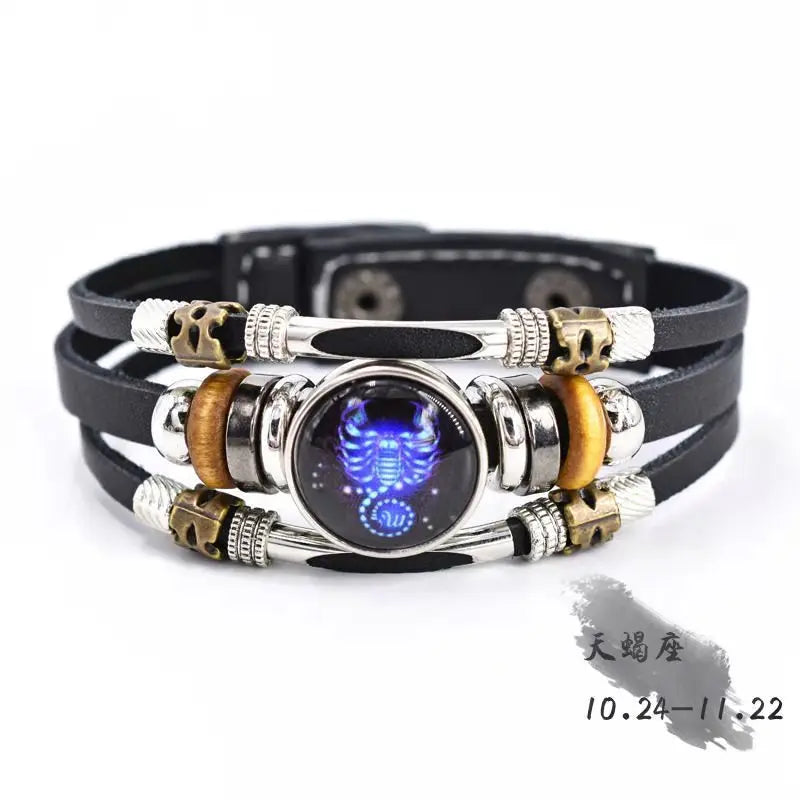 Multilayer leather constellation bracelet featuring Sagittarius for unisex jewelry, with zodiac signs in a retro style.