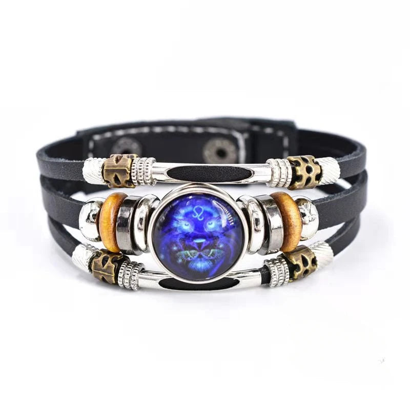 Unisex leather constellation bracelet featuring Sagittarius sign, multi-layer retro design, ideal as a gift, with 12 zodiac signs.
