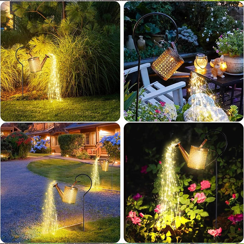 Pair of solar garden lamps by Corporación Turística, outdoor lights with kettle and pole design for garden decoration.