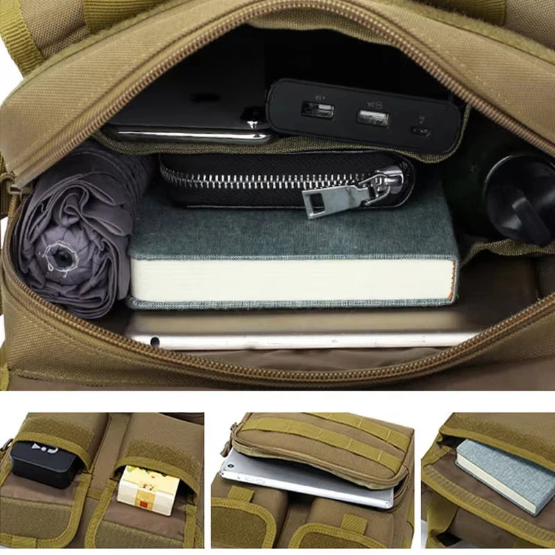 Tactical tool bag in khaki from Corporación Turística, designed for climbing and camping with multiple compartments and sturdy handles.