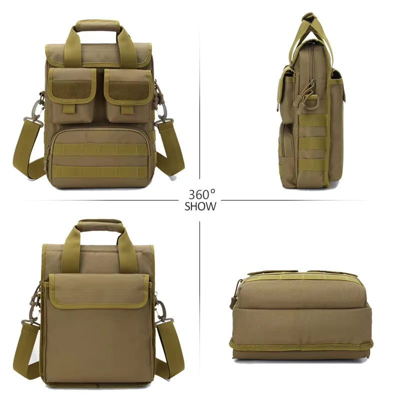 Tactical tool bag in khaki by Corporación Turística, designed for climbing and camping with multiple compartments and durable material.