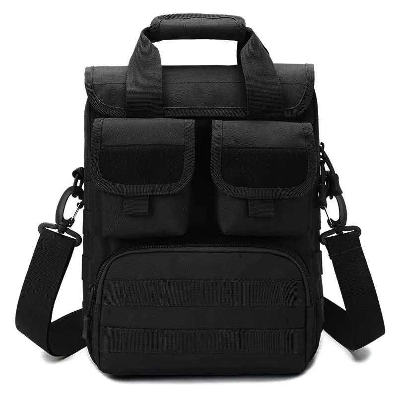 Khaki tactical tool bag from Corporación Turística with multiple compartments, ideal for climbing and camping gear storage.