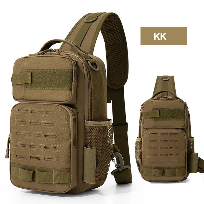 Khaki tactical chest bag for climbing with accessories, by Corporación Turística, shown with straps and gear compartments.