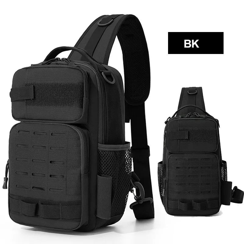 Khaki tactical chest bag for climbing from Corporación Turística, featuring multiple compartments and climbing accessories.