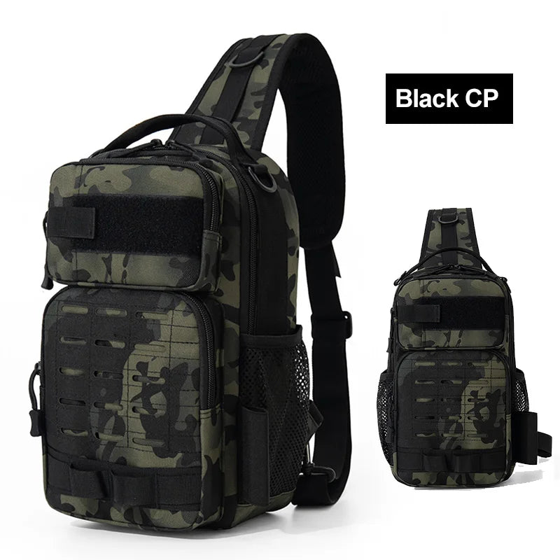 Khaki tactical chest bag for climbing by Corporación Turística, with adjustable straps and multiple accessory compartments.