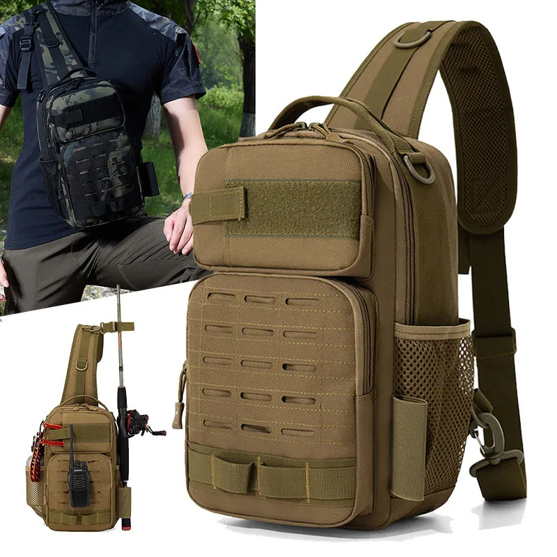 Khaki tactical chest bag for climbing with accessories, made by Corporación Turística, designed for outdoor adventure and gear storage.