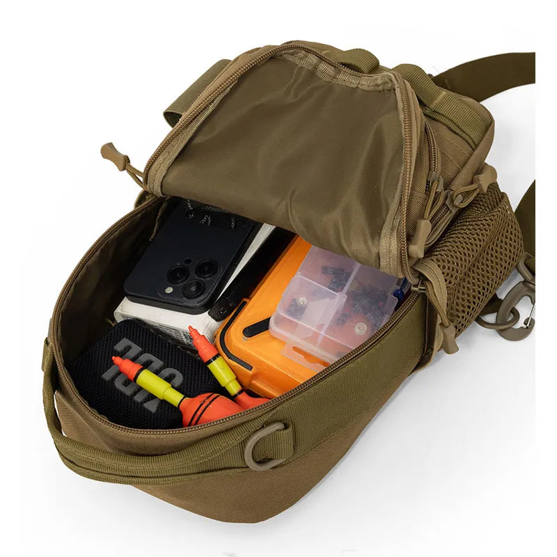 Khaki tactical chest bag for climbing by Corporación Turística, with adjustable straps and accessory compartments for outdoor adventures.