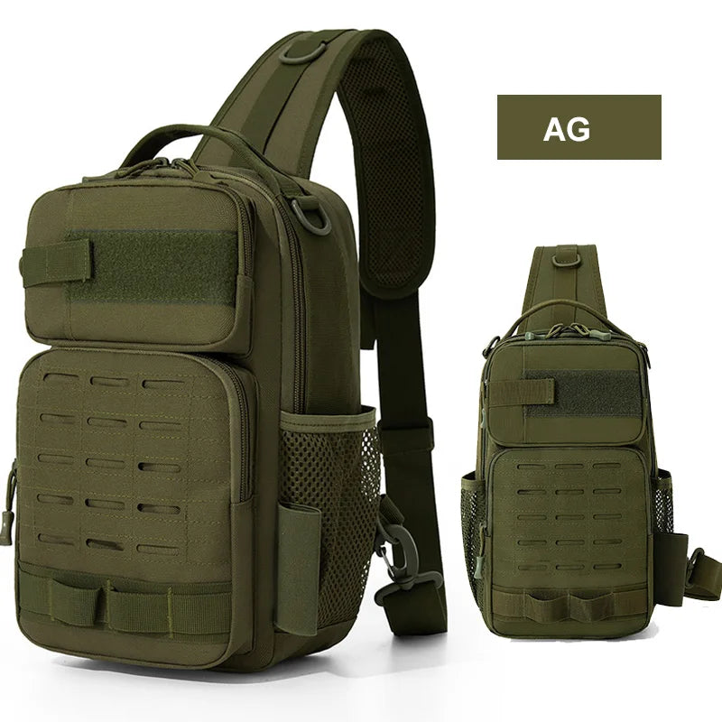 Khaki tactical chest bag for climbing with accessories, made by Corporación Turística, shown with multiple compartments and straps