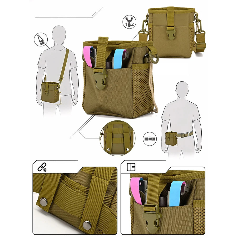 Khaki tactical MOLLE bag with cord for belt, designed as a waist bag or pouch, from Corporación Turística.
