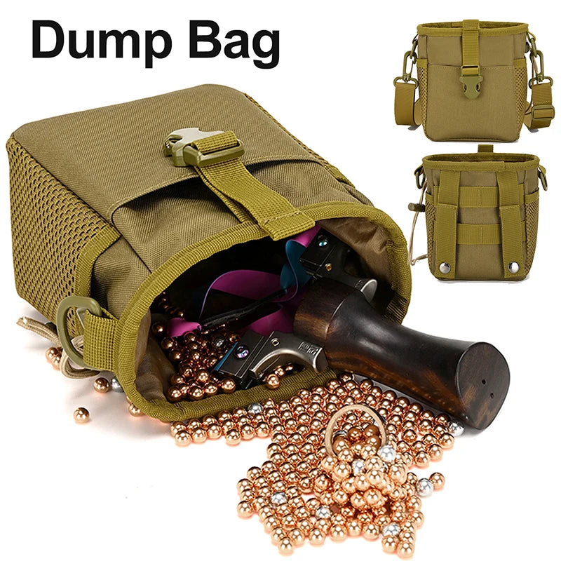 Khaki tactical molle bag with cord for belt, waist bag, by Corporación Turística, shown with adjustable strap and multiple compartments.