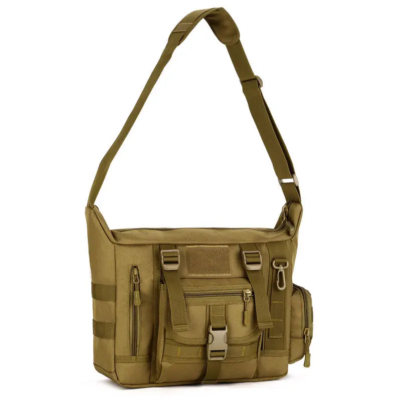 Khaki 14-inch laptop shoulder bag by Corporación Turística with adjustable strap and padded compartment for safe transport.