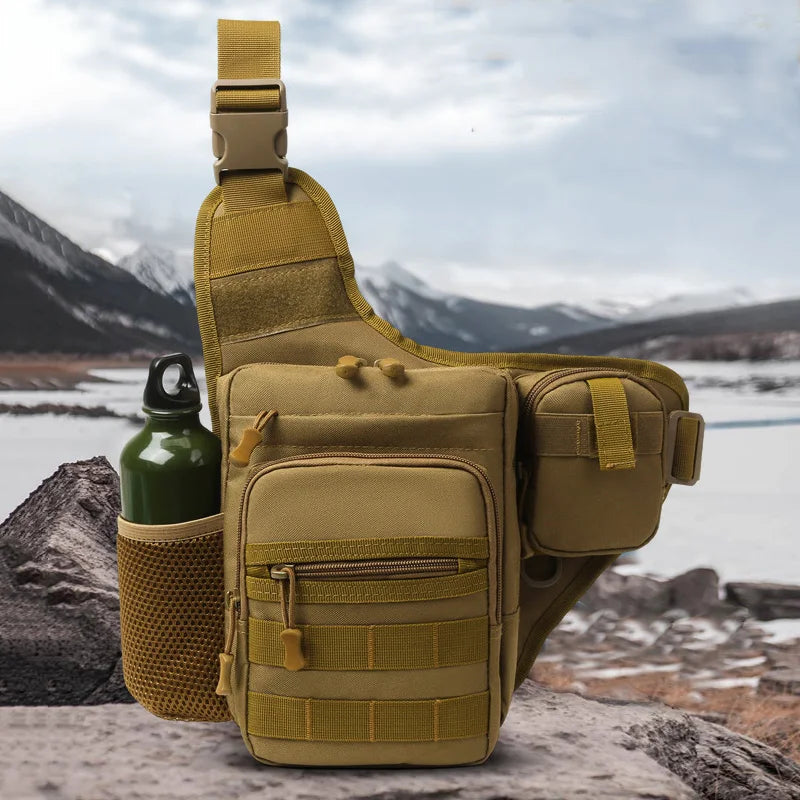 Khaki tactical Molle waist bag for men by Corporación Turística, chest pack with multiple compartments and adjustable strap.