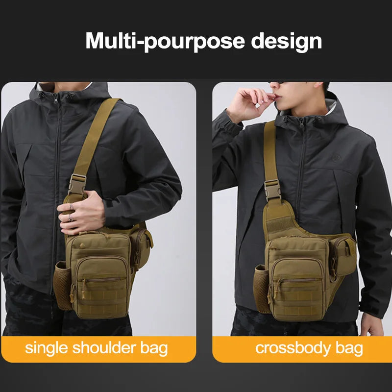 Khaki tactical Molle waist bag for men, chest pack with multiple compartments, made by Corporación Turística.