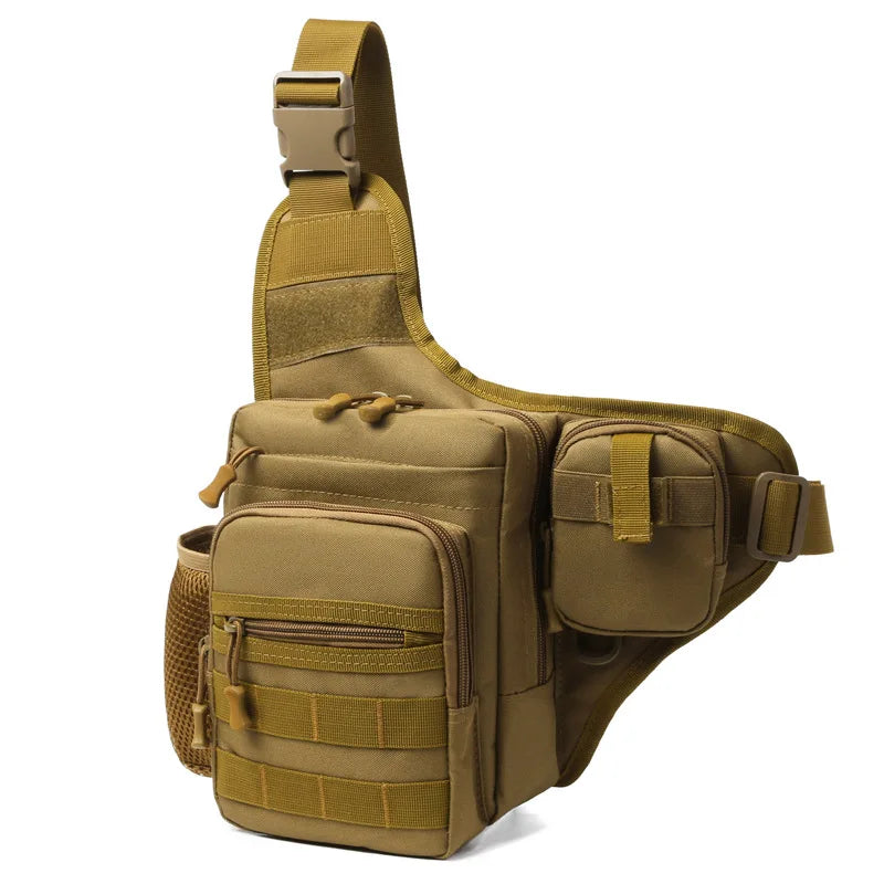 Khaki tactical Molle waist bag for men, tactical chest pouch with multiple compartments, made by Corporación Turística.