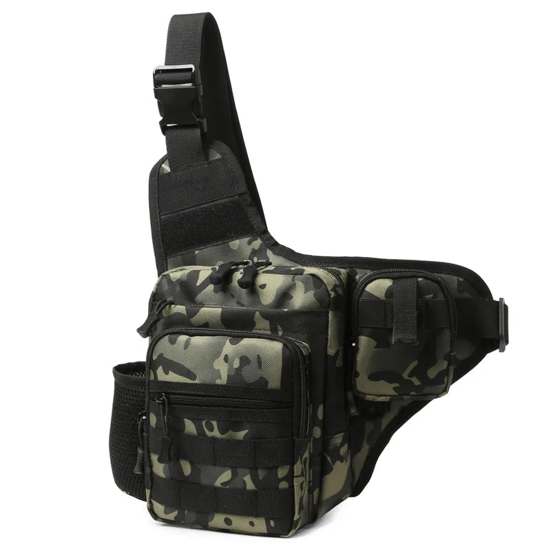 Khaki tactical Molle waist bag for men, chest pack with multiple compartments and adjustable straps from Corporación Turística.