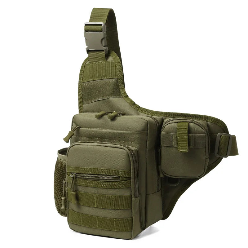 Khaki tactical Molle fanny pack for men, chest bag with multiple compartments, durable design by Corporación Turística.