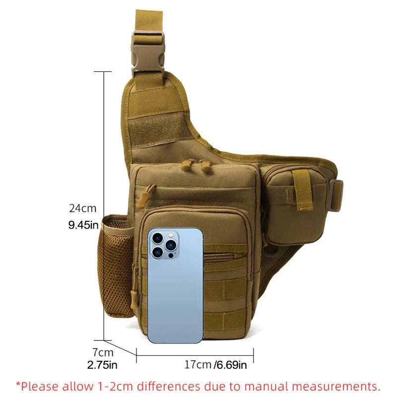 Khaki tactical Molle fanny pack for men, chest bag with multiple compartments, designed for outdoor and tactical use.