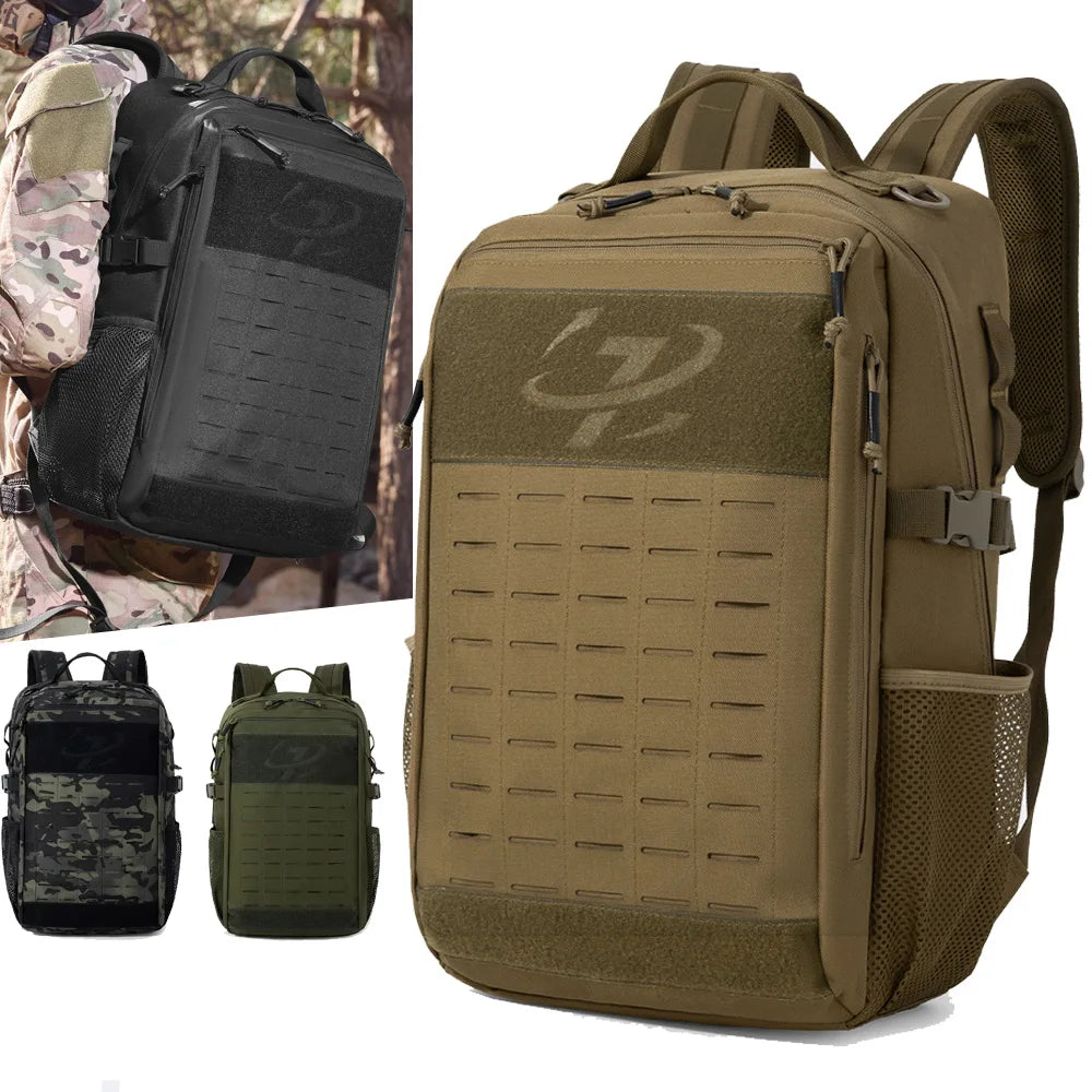 Khaki climbing backpack by Corporación Turística with Molle system for outdoor tactical and hiking adventures.