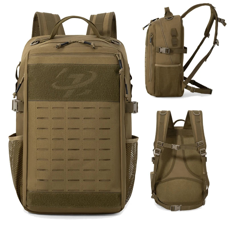 Khaki climbing backpack from Corporación Turística with Molle system, tactical outdoor gear, and multiple storage compartments.