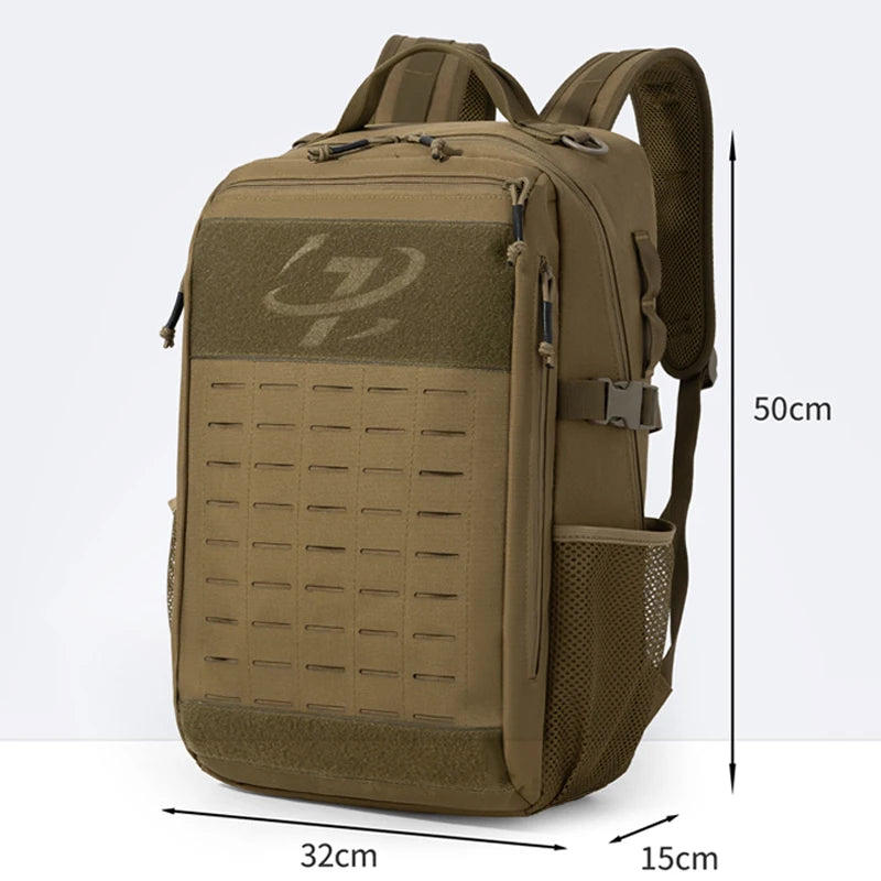Khaki climbing backpack by Corporación Turística with Molle system, outdoor tactical gear for hiking and climbing adventures.
